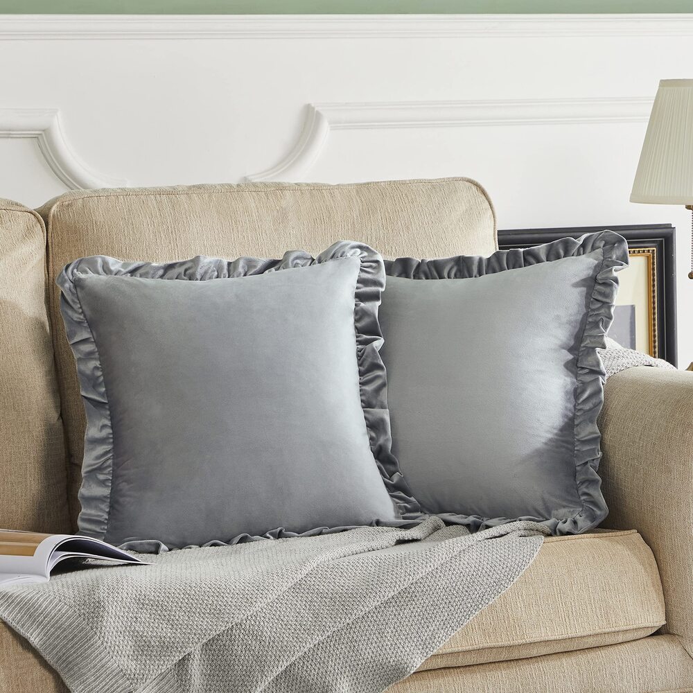 4542 Grey 20x20 Luxury Pillow Covers, Set of 2 Decorative Velvet Ruffle